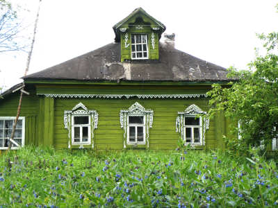 старый дом с непримятыми полевыми цветами в деревне Рупусово Александровского района Владимирской области
