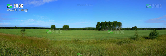 Панорама полей, которые окружают деревню Пошатово со всех сторон Селивановский район Владимирская область Россия