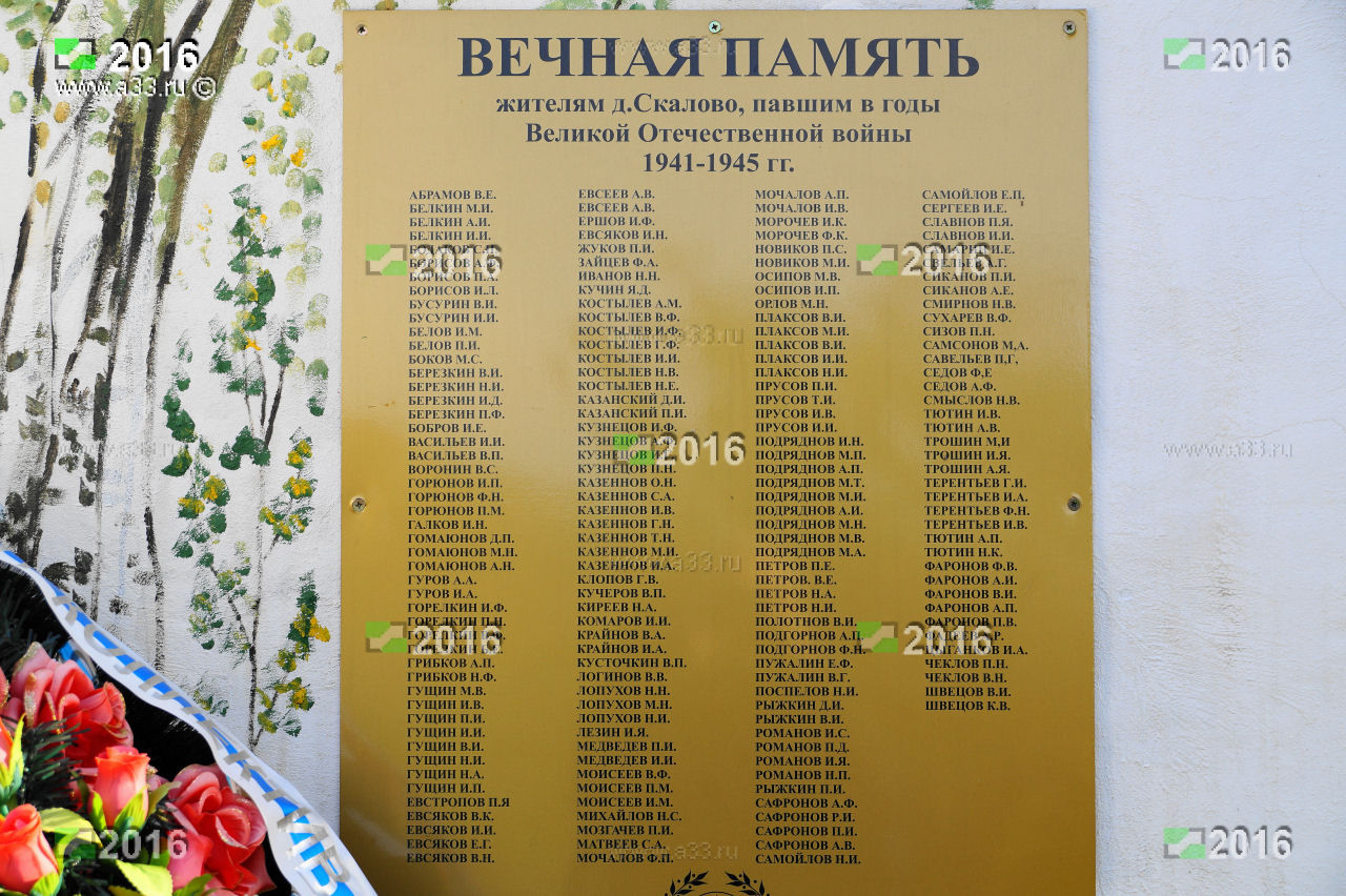 Вечная память жителям деревни Скалово Селивановского района Владимирской области павшим в годы Великой Отечественной войны 1941-1945 годов Списки павших 188 человек